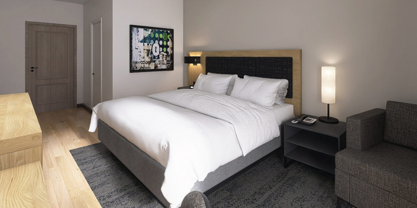 single king bed modern guest room