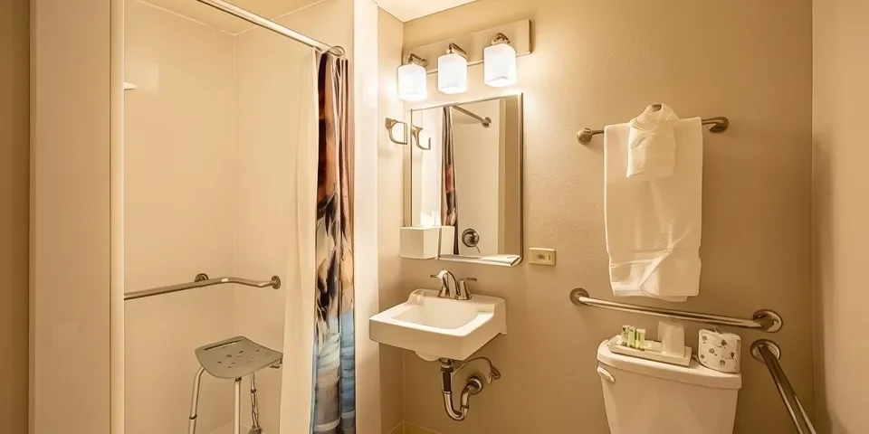 accessible bathroom with shower stool and rails
