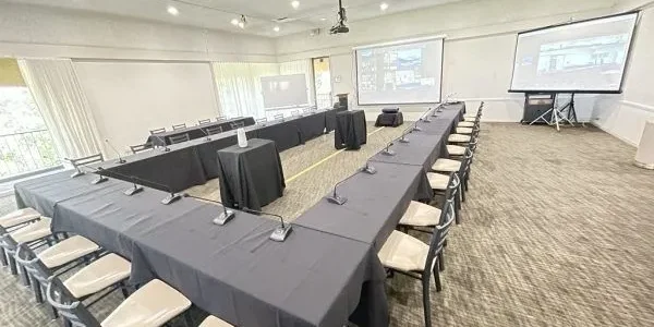 C shaped sitting with 2 projector screens.