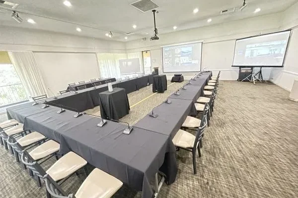 C shaped sitting with 2 projector screens.